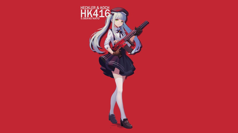 HK416 (Girls Frontline), Twintails, Gun, White Hair, Girl, 1080P, Skirt, Girls Frontline, Green Eyes, Video Game, Cap