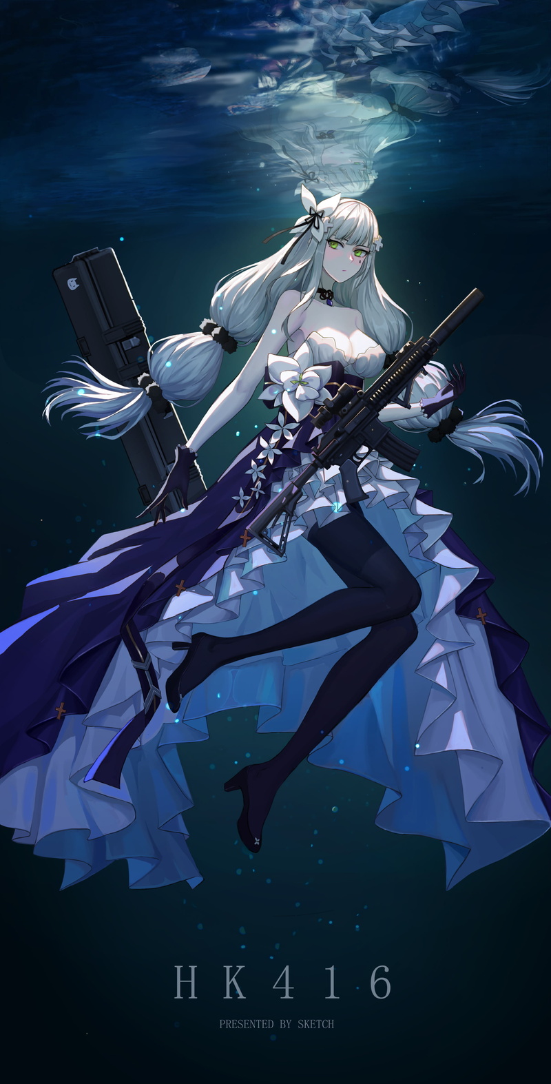 Girl With Weapon, HK416 (Girls Frontline), Girls Frontline, underwater, 4K, anime, sketch (artist), anime girls