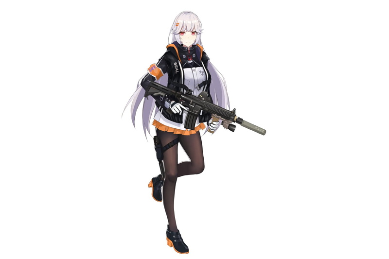 HK416 (Girls Frontline), young adult, 1080P, front view, teenager, adult, mature adult, holding, indoors, one person, protection, full length, security