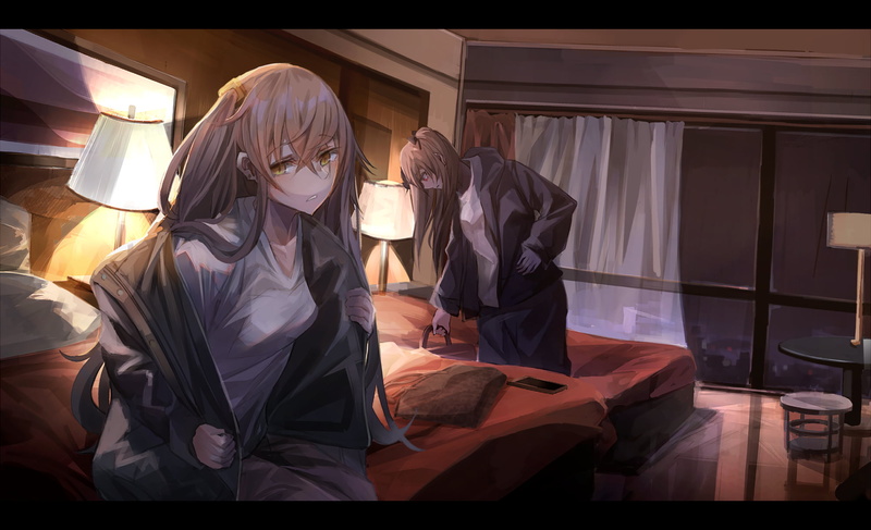 Girls Frontline, 1080P, room, anime girls, ponytail, long hair, blonde, yellow eyes, UMP9 (Girls Frontline), sweater, anime, Girls Frontline, ump45 (Girls Frontline)
