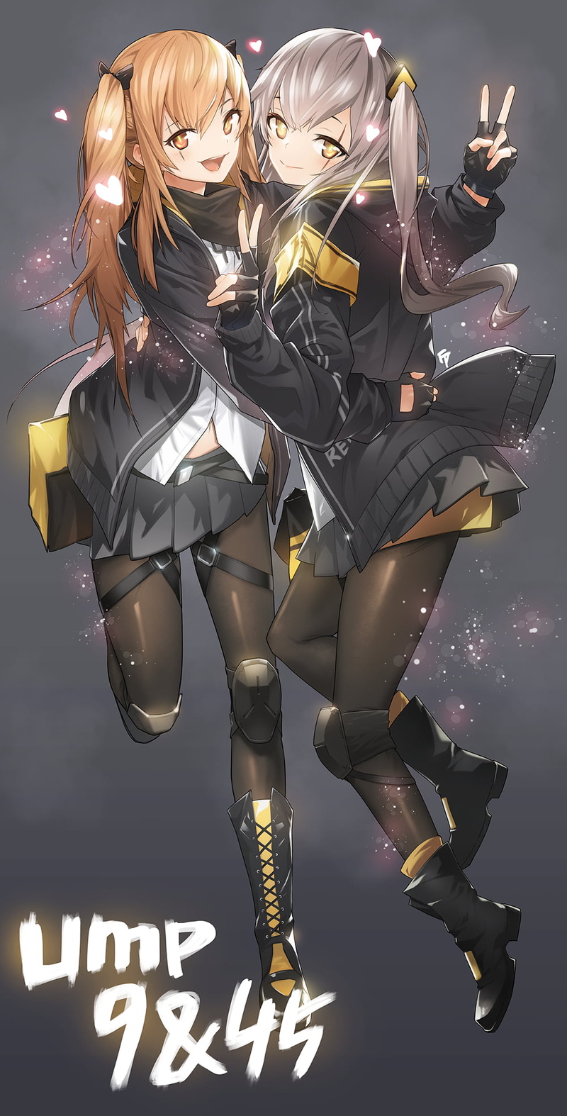 gray hair, portrait display, brunette, 1080P, UMP9 (Girls Frontline), ump45 (Girls Frontline), vertical, long hair, anime girls, skirt, boots, ponytail