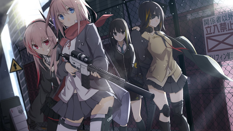 anime girls, pink hair, anime, Girls Frontline, miniskirt, comic art, Girls_Frontline, blue eyes, 1080P, red eyes, girls with guns, weapon