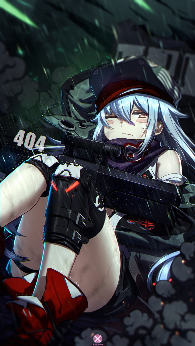 weapon, portrait display, green eyes, anime girls, digital art, blue hair, long hair, 2K, G11 (Girls Frontline), anime, artwork, rain, Girls Frontline