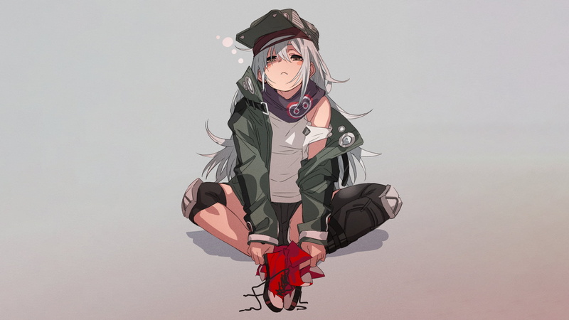 G11 (Girls Frontline), black legwear, 2K, Girls Frontline, anime girls, stockings, sitting, simple background, fu-ta, thighs, anime, long hair, thigh-highs