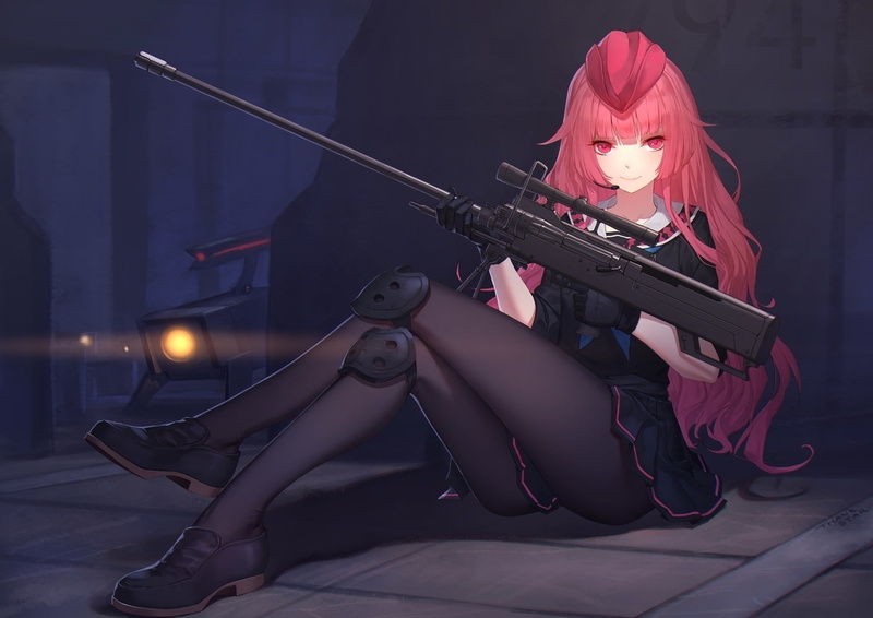 girls with guns, pink hair, legs, gun, sniper rifle, long hair, Girls Frontline, anime girls, redhead, weapon, anime, red eyes, ntw-20 (Girls Frontline)
