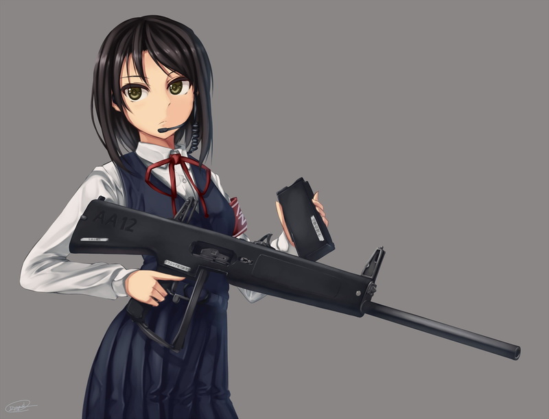 front view, cut out, anime, technology, girls with guns, anime girls, indoors, obscured face, 1080P, white background, holding, looking at camera, copy space