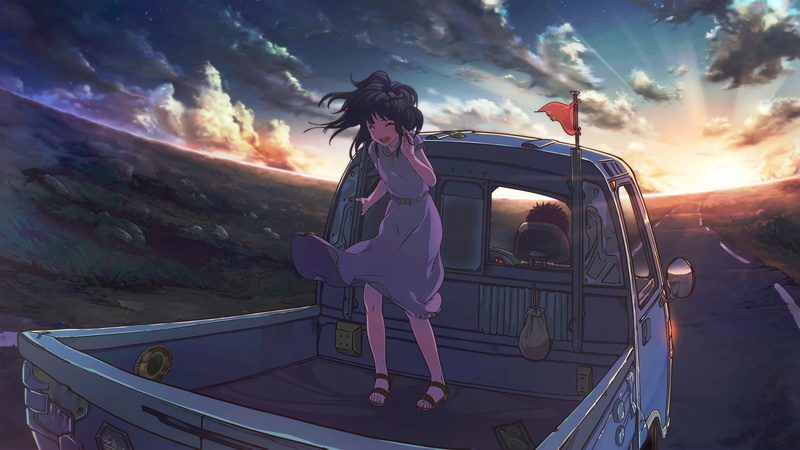 daybreak frontline, daybreak, car, sunlight, 1080P, dress, sky, road, anime, vehicle, anime girls, clouds