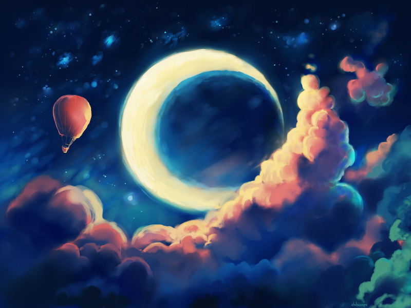 Moon, Night, Hot Air Balloon, Vehicles, Balloon, 2K, Drawing