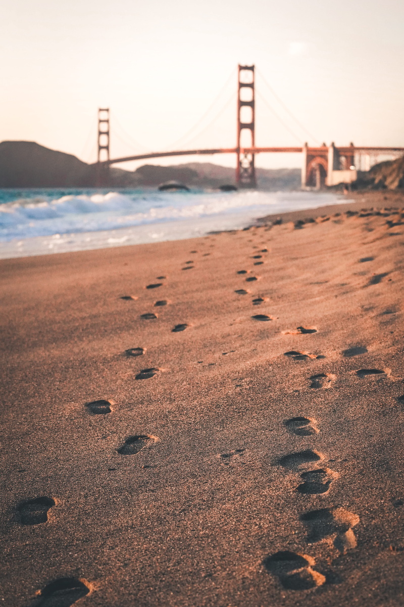 gate, shore, bridge, footprint, san Francisco - California, sea, 5K, water, sky, outdoors, uSA, since, coastline, near, bay, golden, footprints, famous Place