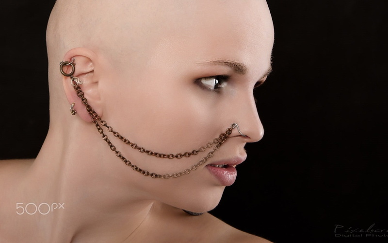 close-up, human face, beautiful woman, women, fashion, bald head, 720P, headshot, studio shot, model, human body part, Jens Dahler, piercing, human lips
