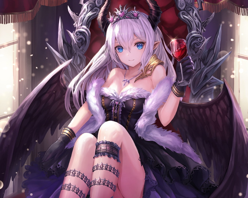 Black wings, aqua eyes, horns, 720P, silver hair