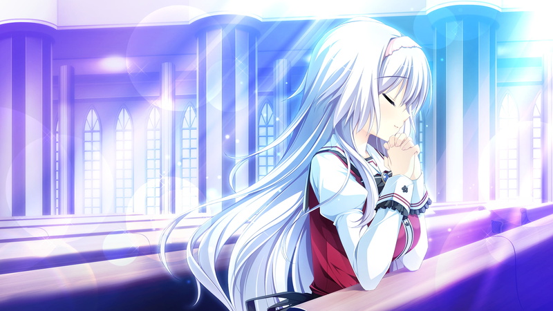 pattern, praying, 2K, sunlight, silver hair, illuminated, architecture, technology, blue, white hair, window, art and craft, closed eyes, anime girls