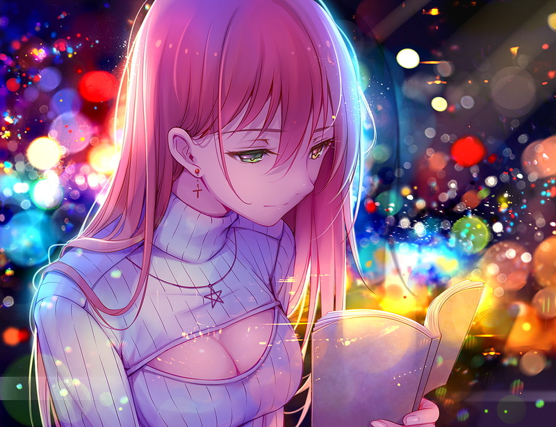 anime, pink hair, heterochromia, anime girls, green eyes, keyhole turtleneck, books, original characters, bokeh, 720P