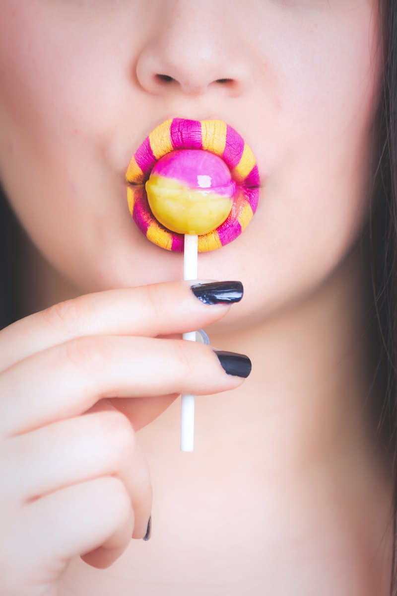 style, licking, model, food, food and drink, adult, colorful, close-up, photoshoot, face, nail, detail, beauty, nail polish, human body part, lips, candy