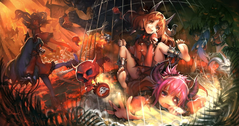 pink, babycat, original, candy, shackles, dress, eyes, 720P, fang, fire, bones, barefoot, cage, signed, mask, loli, long, skull, horns, hair, lollipop