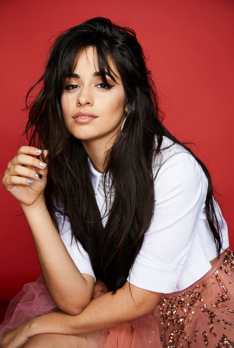 long hair, brunette, singer, Camila Cabello, 2K, simple background, women