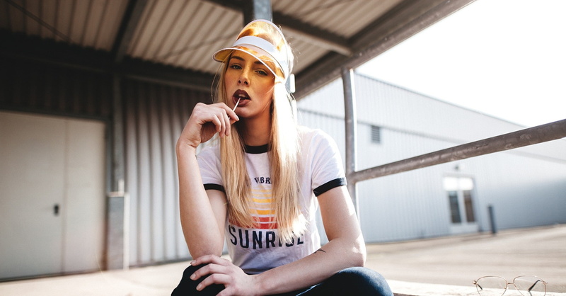women, sitting, tattoo, portrait, 1080P, lollipop, T-shirt, blonde