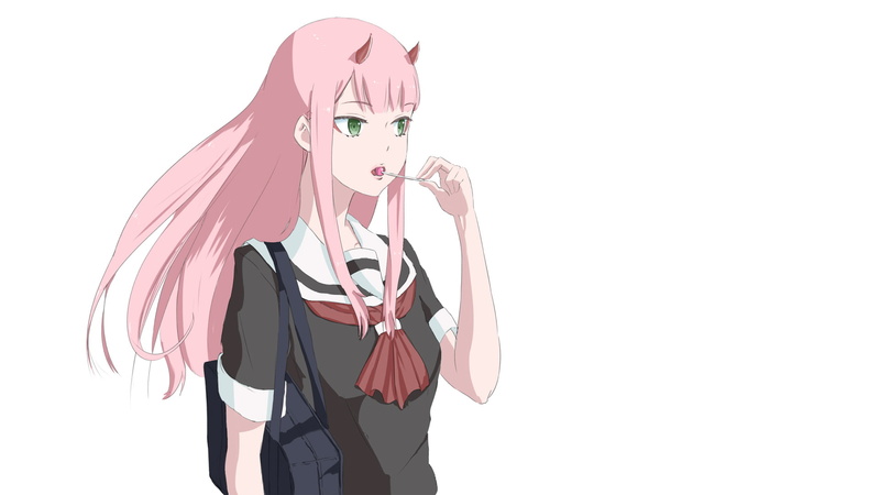 1080P, pink hair, green eyes, Darling in the FranXX, anime girls, Zero Two (Darling in the FranXX), lollipop