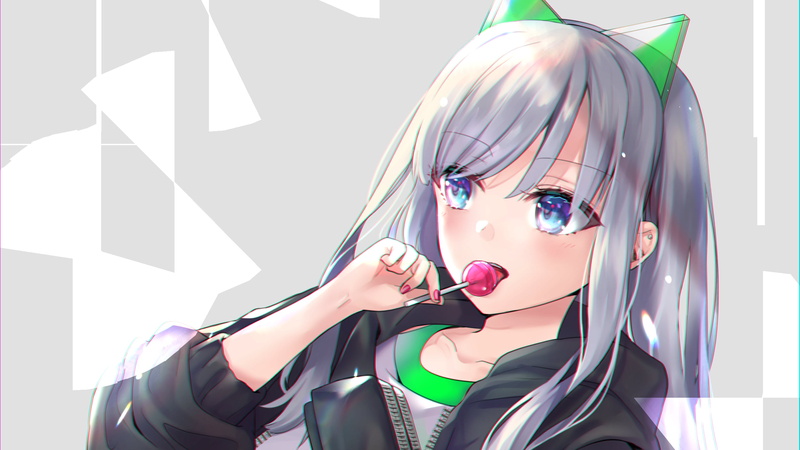 Blue Eyes, Girl, 1080P, Lollipop, Original, Grey Hair, Anime