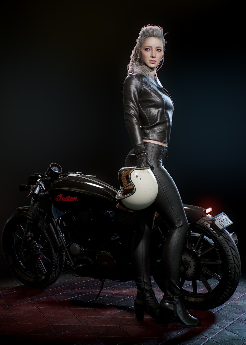 Seungmin Kim, biker, bikes, CGI, women, helmet, 3D, 2K, jacket, render, digital art