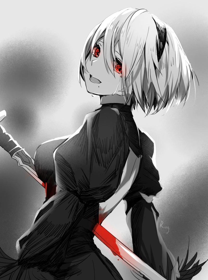 2B (Nier: Automata), death, sword, 1080P, red eyes, monochrome, Nier: Automata, white hair, gore