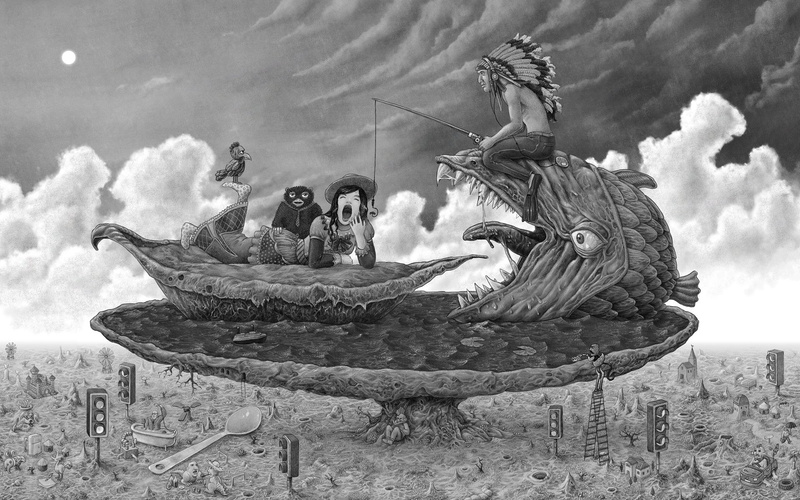Native Americans, piranhas, women, clouds, drawing, monochrome, fishing, spoons, traffic lights, creativity, men, 1080P, birds, surreal, digital art, artwork