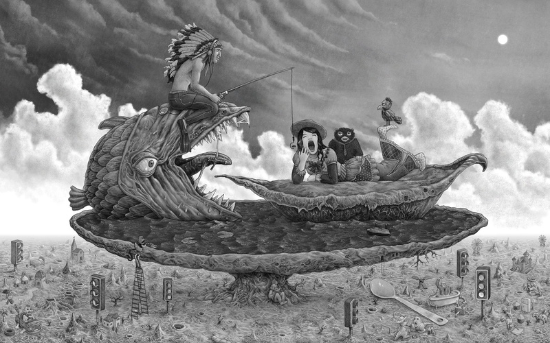fishing, 1080P, women, clouds, creativity, Spoons, drawing, birds, Piranhas, men, Surreal, artwork, Native Americans, digital art, Traffic Lights, monochrome
