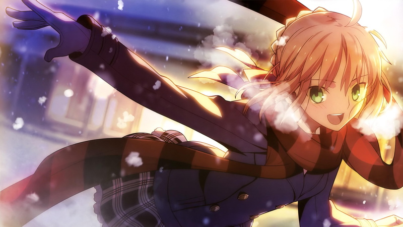 snow, breath, winter, zero, anime, fan, blond, girl, happy, art, 4K, arturia, smile, fate, stay, night