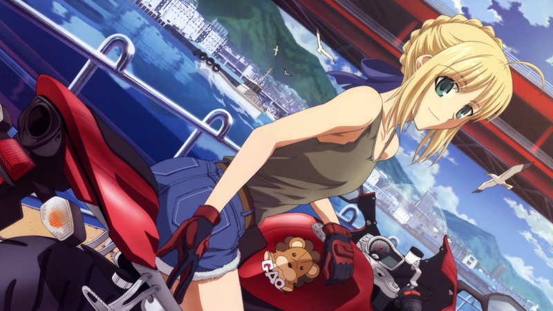 zero, sea, bridge, blond, saber, girl, 4K, blue, arturia, fate, cycle, red, bike, hot, stay night