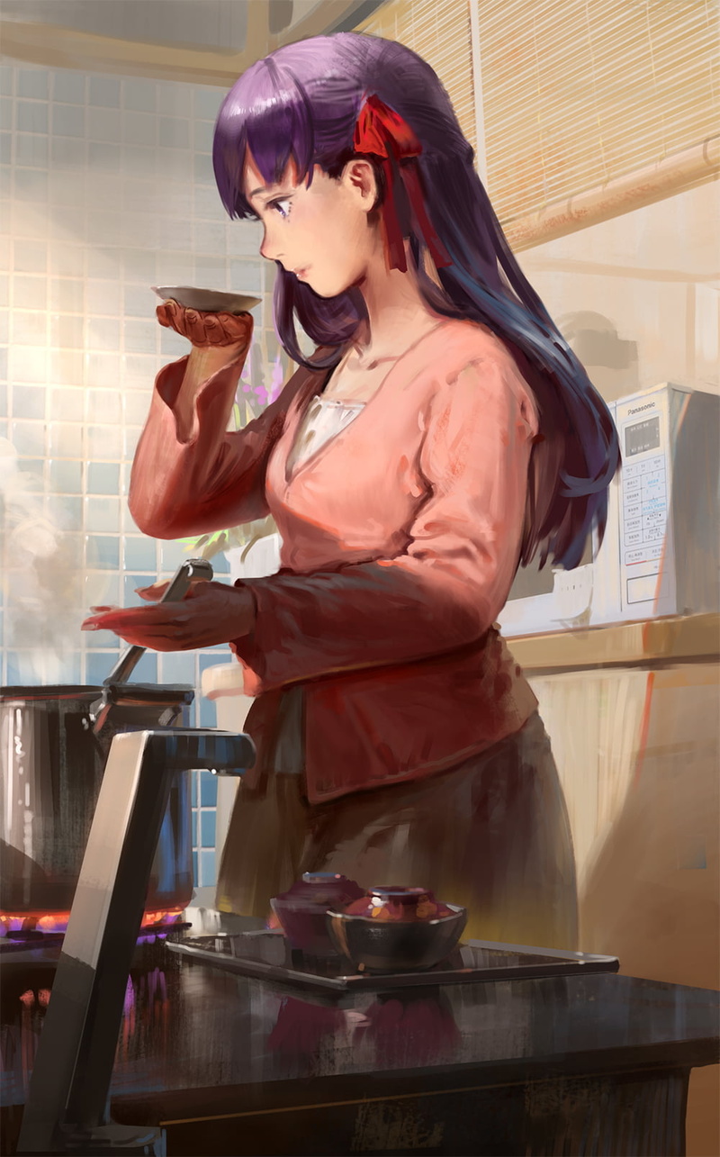 fashion, beautiful woman, people, household equipment, Matou Sakura, domestic room, Fate/Stay Night, waist up, preparing food, Fate Series, standing, food