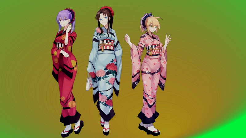 group of people, Sakura Matou, toy, studio shot, costume, female likeness, fashion, multi colored, Tohsaka Rin, art and craft, full length, Saber, anime girls