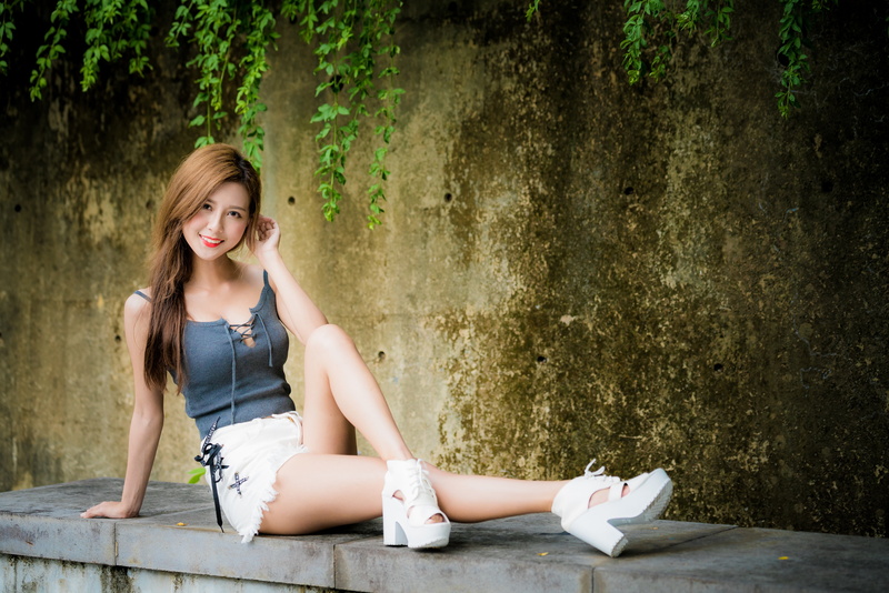 hot pants, Asian, high heels, looking at viewer, women, Smile, sitting, brunette, model, 4K, long hair