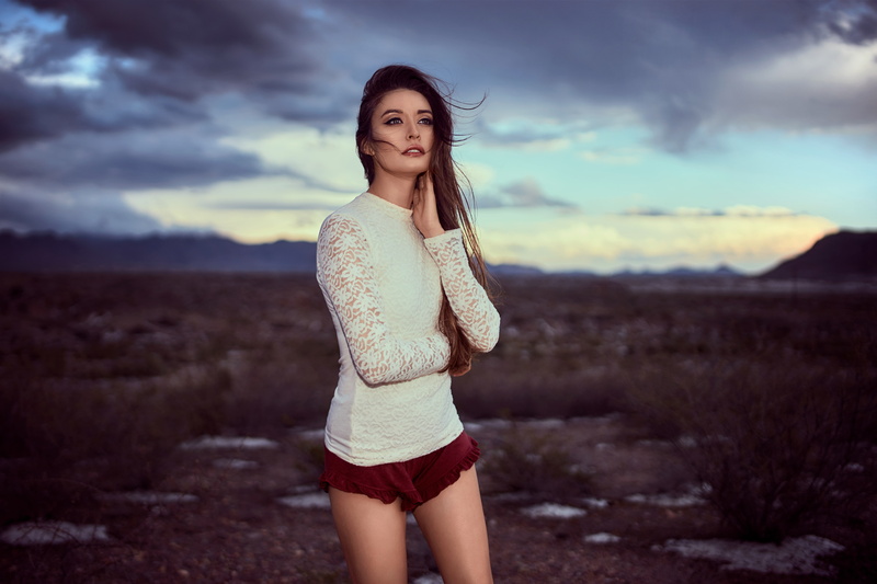 beautiful woman, Robert Stebler, three quarter length, portrait, land, leisure activity, women, 5K, brunette, hazel eyes, sky, cloud - sky, standing, Sabrina Gomez
