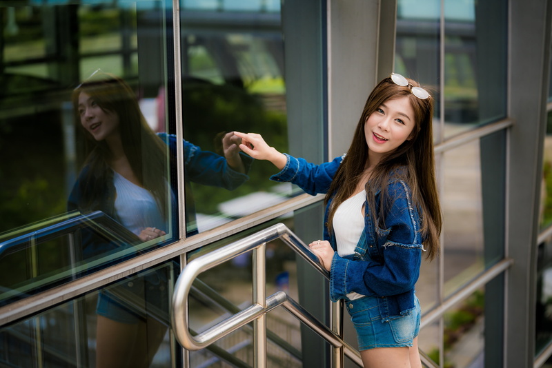 jean jacket, jeans, hot pants, women, model, building, glasses, stairs, looking at viewer, railings, brunette, 4K, white shirt, long hair, Asian