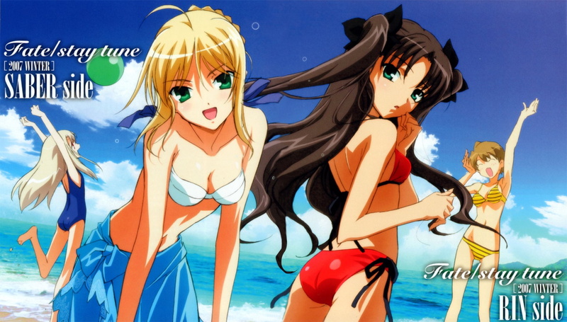 Saber (Fate Series), beautiful woman, emotion, people, sky, Fate Series, blue, outdoors, women, fun, clothing, Rin Tohsaka, vacations, group of people