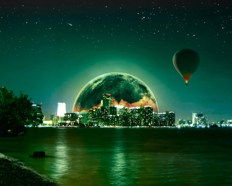 buildings, 720P, moon, photography, high, balloon, manipulation, air, hd, hot, full, rise