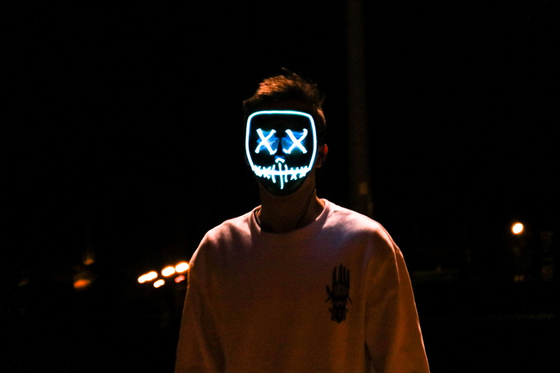 communication, 5K, man, human face, obscured face, light, one person, stitched, crossed, night, front view, portrait, illuminated, mouth, wearing, mystery