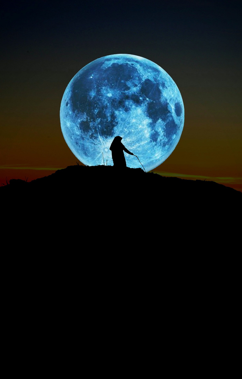 beauty in nature, outdoors, girl, astronomy, scenics - nature, unrecognizable person, blue, one person, space, copy space, 4K, moon, men, sky, dark, lockscreen