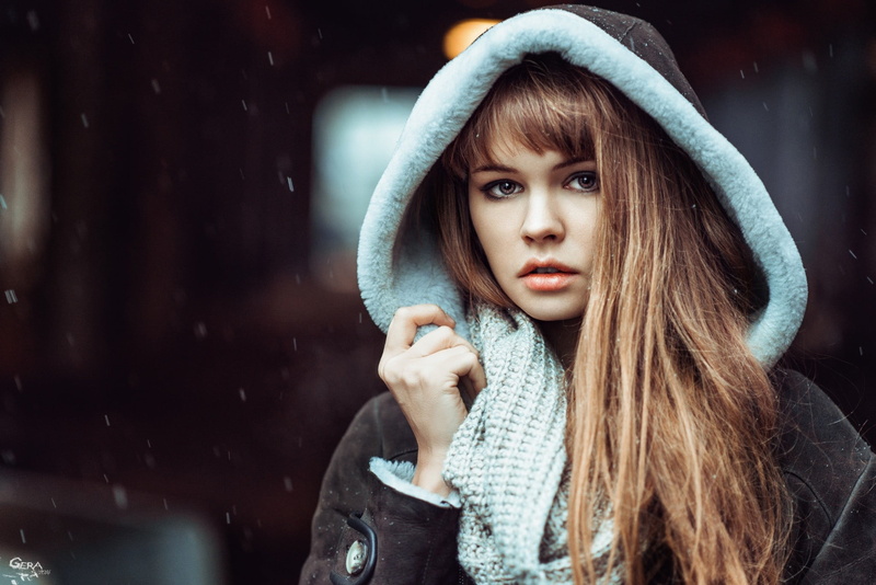 Anastasia Scheglova, scarf, headshot, hoodie, beautiful woman, front view, auburn hair, looking at camera, one person, 1080P, hood, long hair, contemplation