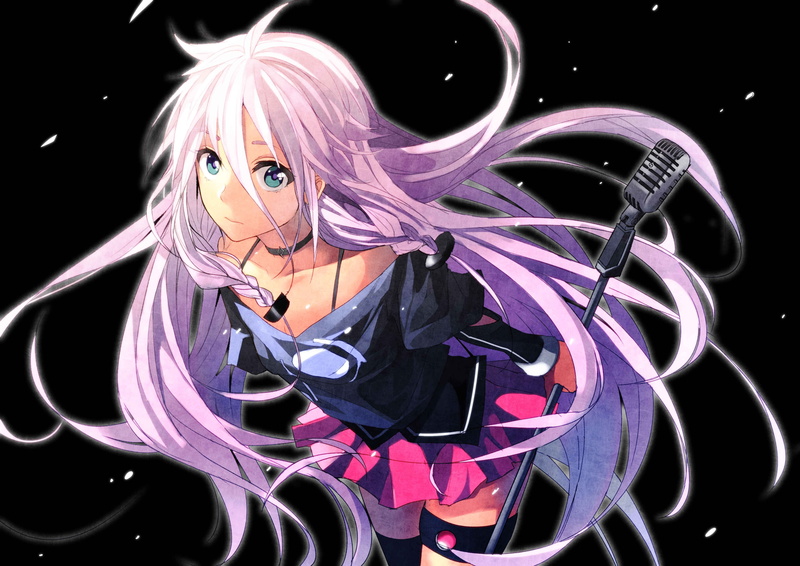 night, art and craft, long hair, blue eyes, portrait, indoors, anime girls, glowing, thigh-highs, IA (Vocaloid), lifestyles, purple, pink hair, headshot