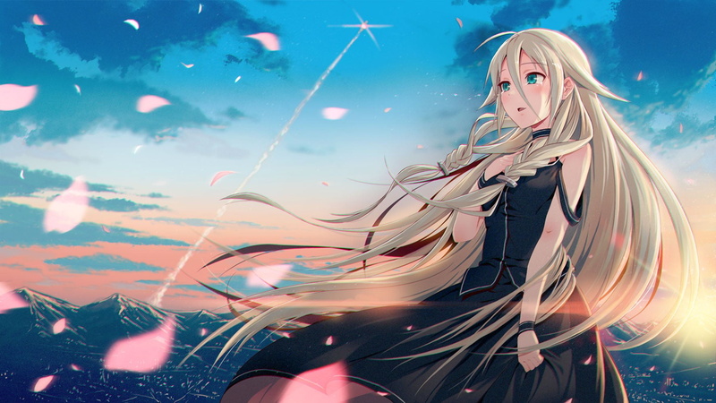 crying, looking at camera, lifestyles, beautiful woman, beauty, night, leisure activity, flower petals, anime girls, mountains, 720P, blond hair, black dress