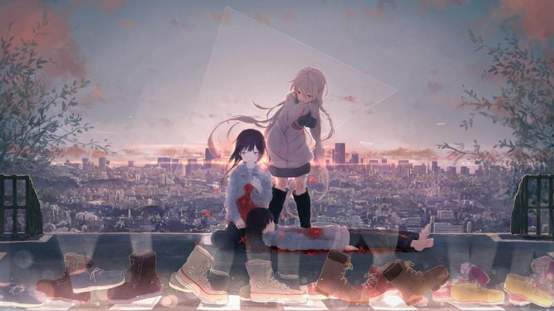 standing, building exterior, females, women, red eyes, cityscape, two people, full length, bonding, city, digital composite, Yuu-rin, family, sky, positive emotion