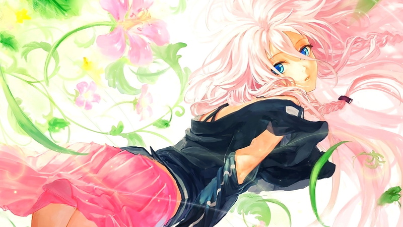 anime girls, pink hair, blue eyes, IA (Vocaloid), 1080P, long hair, open mouth, anime, Vocaloid, flowers, looking at viewer