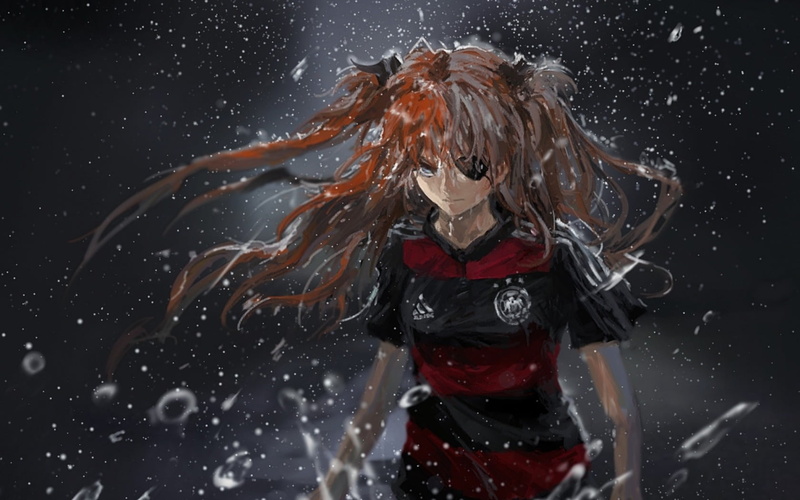 motion, arms raised, long hair, three quarter length, hair, digital, studio shot, snowing, Asuka Langley Shikinami, real people, front view, women, black background
