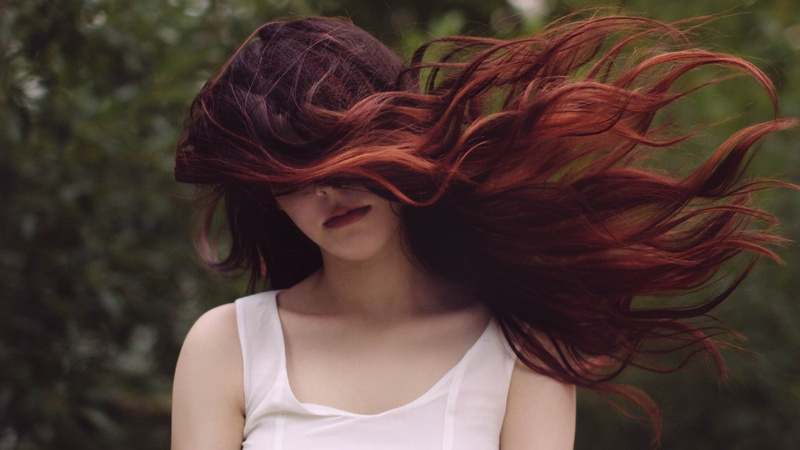adult, redhead, hair toss, tank top, long hair, beautiful woman, hair, 1080P, portrait, wind, bare shoulders, model, hairstyle, contemplation, trees, beautiful people