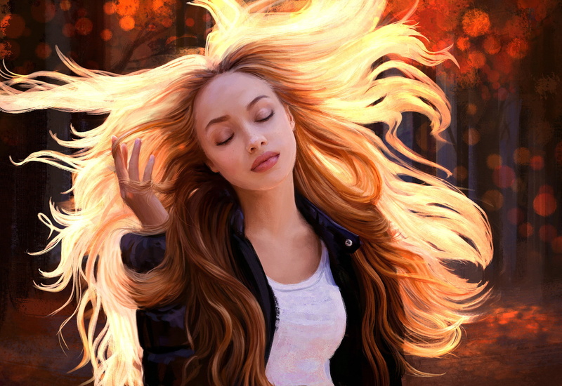 artwork, fashion, one person, young adult, Mandy Jurgens, real people, redhead, hair, human hair, long hair, painting, hair toss, casual clothing, illustration