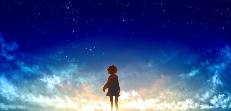 astronomy, tranquility, space, outdoors, stars, nature, back view, kyoukai no kanata, kuriyama mirai, looking at view, standing, three quarter length, night