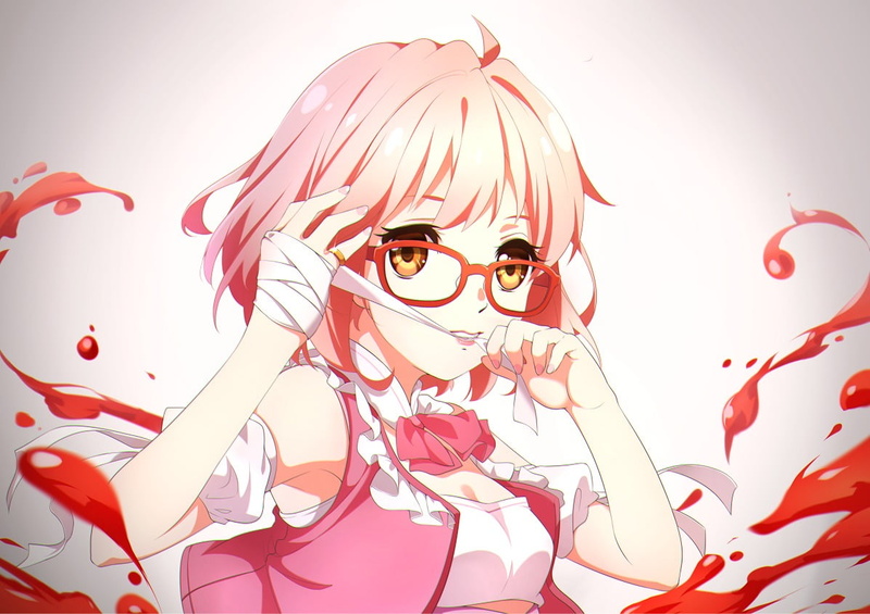 indoors, body part, red, glasses, hairstyle, studio shot, anime, looking at camera, headshot, adult, Kyoukai no Kanata, women, anime girls, human body part