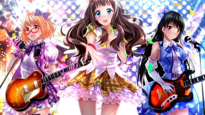 hairstyle, artwork, young adult, group of people, musical equipment, arts culture and entertainment, leisure activity, females, guitar, playing, 1080P