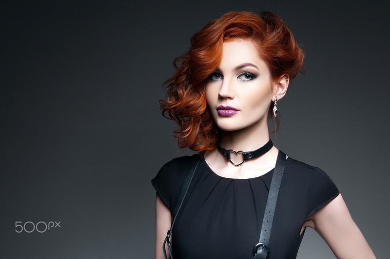 gray background, young women, young adult, looking at camera, studio shot, adult, simple background, human hair, choker, indoors, beautiful woman, redhead